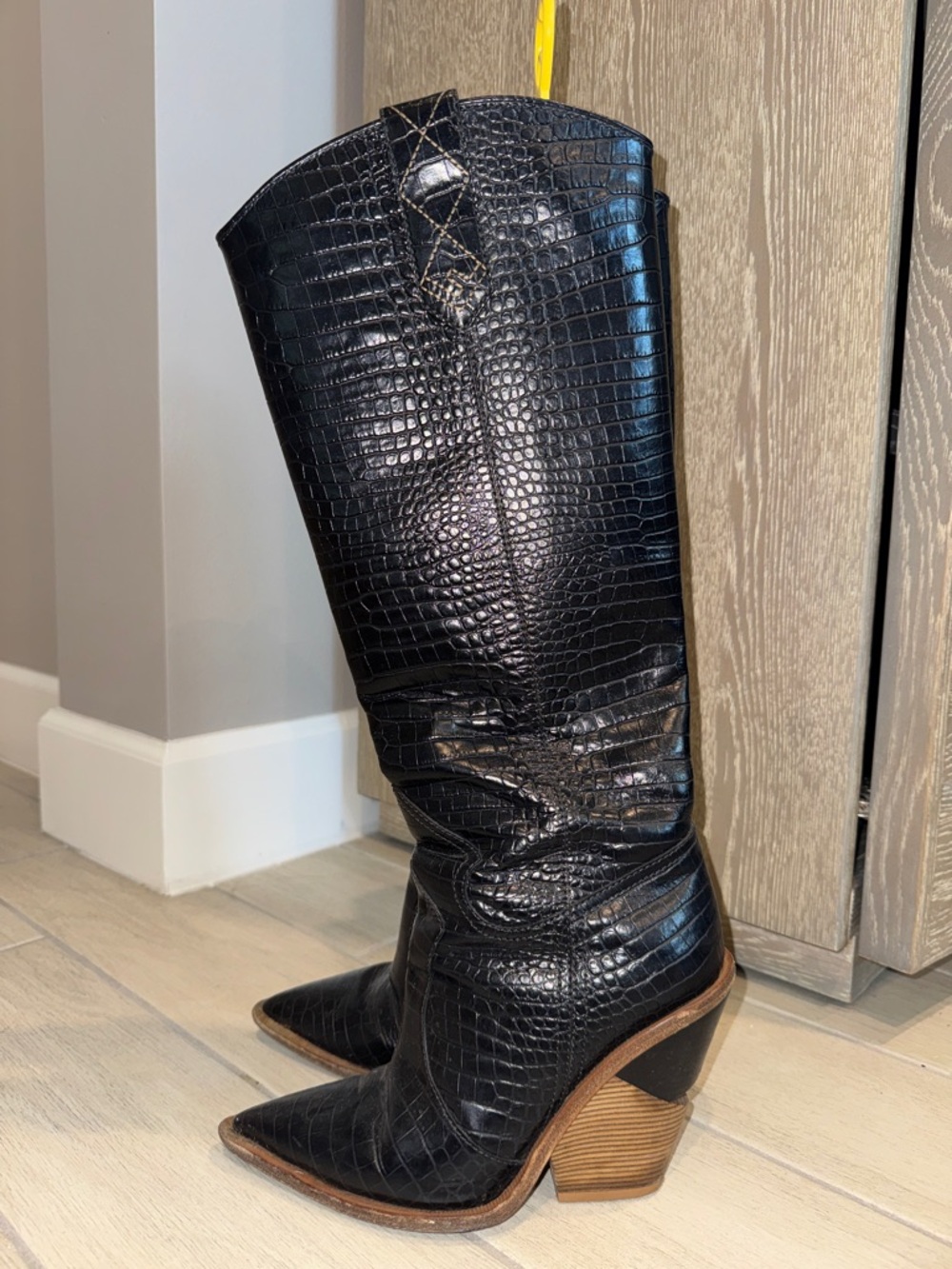 Fendi Black Croc-Embossed Pointed Western Boots